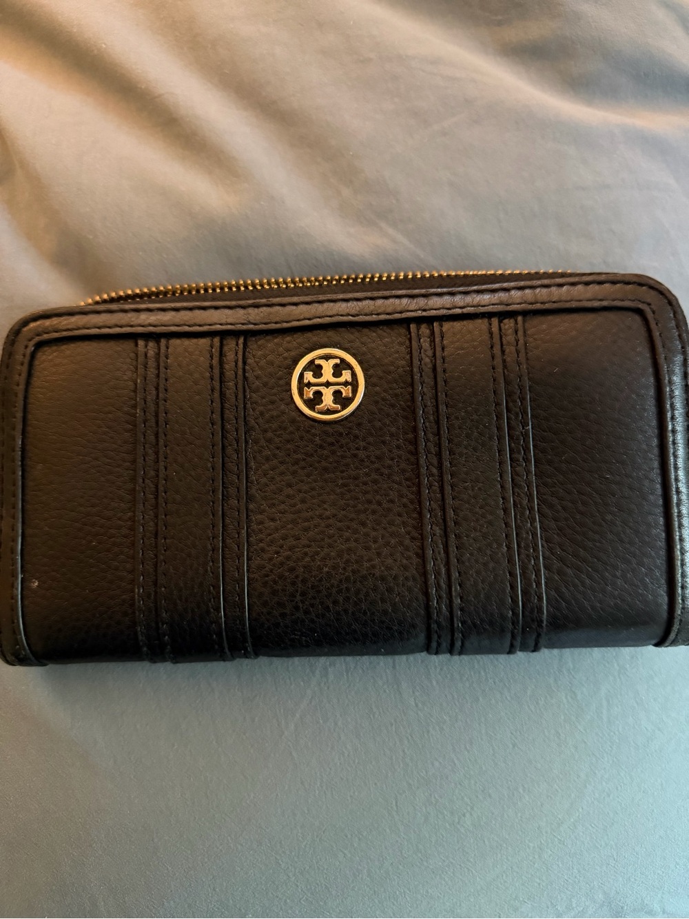 Tory Burch Black Leather Zip Card Holder with Gold Logo